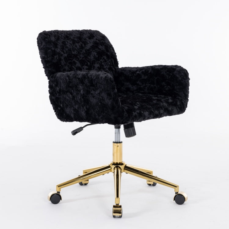 Office Chair,Artificial Rabbit Hair Home Office Chair With Golden Metal Base,Adjustable Desk Chair Swivel Office Chair,Vanity Chair Black
