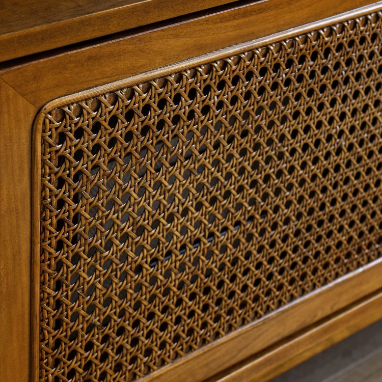 59 Inch Mid Century Modern Rattan Tv Stand For 65 Inch Tv, Entertainment Cabinet, Media Console For Living Room Media Room, Solid Wood Feet & Rattan Cabinet Doors Light Wood