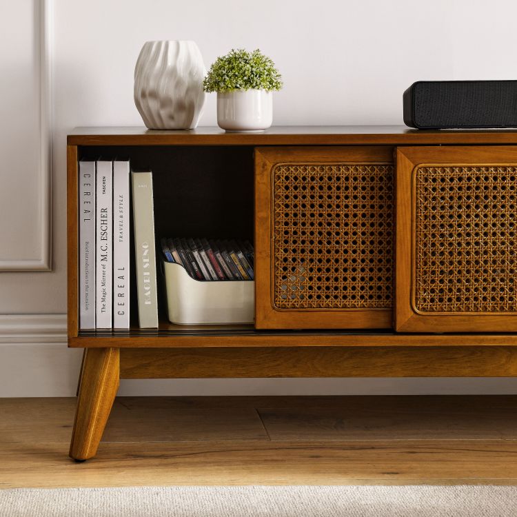 59 Inch Mid Century Modern Rattan Tv Stand For 65 Inch Tv, Entertainment Cabinet, Media Console For Living Room Media Room, Solid Wood Feet & Rattan Cabinet Doors Light Wood