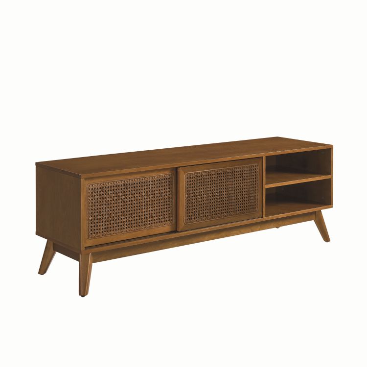 59 Inch Mid Century Modern Rattan Tv Stand For 65 Inch Tv, Entertainment Cabinet, Media Console For Living Room Media Room, Solid Wood Feet & Rattan Cabinet Doors Light Wood