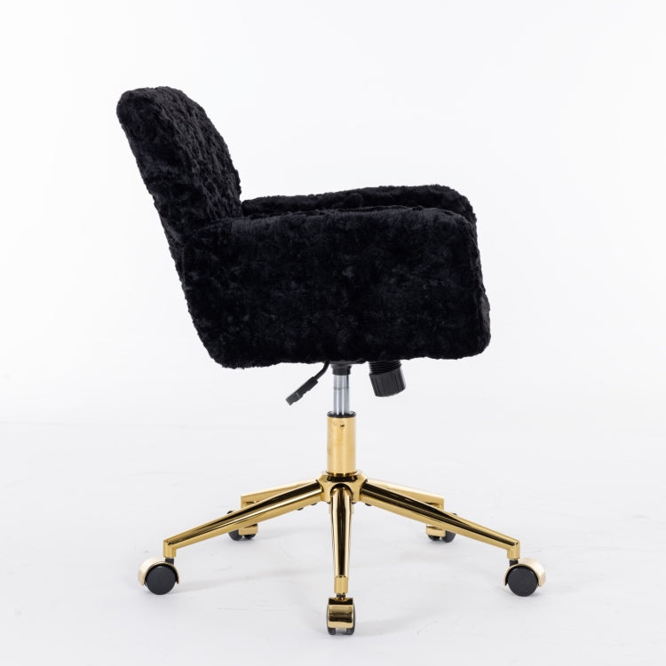 Office Chair,Artificial Rabbit Hair Home Office Chair With Golden Metal Base,Adjustable Desk Chair Swivel Office Chair,Vanity Chair Black