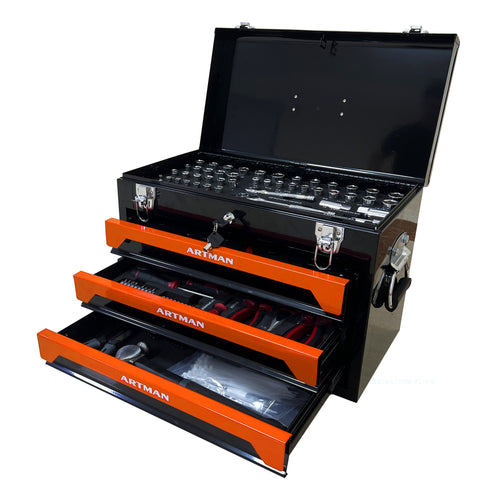 20'' Portable 3 Drawer Steel Toolbox, 4 Layers Of Tools With Metal Latches, With Top Storage Tray And Carrying Handle, Multi Function Tool Storage For Garage, Home, Or Workbench ,Black&Orange