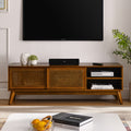 59 Inch Mid Century Modern Rattan Tv Stand For 65 Inch Tv, Entertainment Cabinet, Media Console For Living Room Media Room, Solid Wood Feet & Rattan Cabinet Doors Light Wood