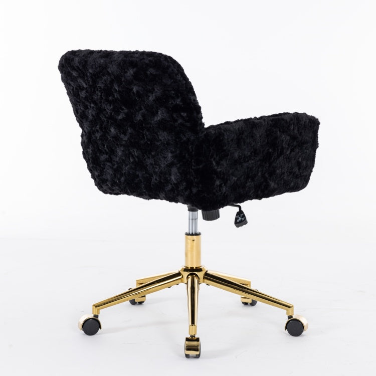Office Chair,Artificial Rabbit Hair Home Office Chair With Golden Metal Base,Adjustable Desk Chair Swivel Office Chair,Vanity Chair Black