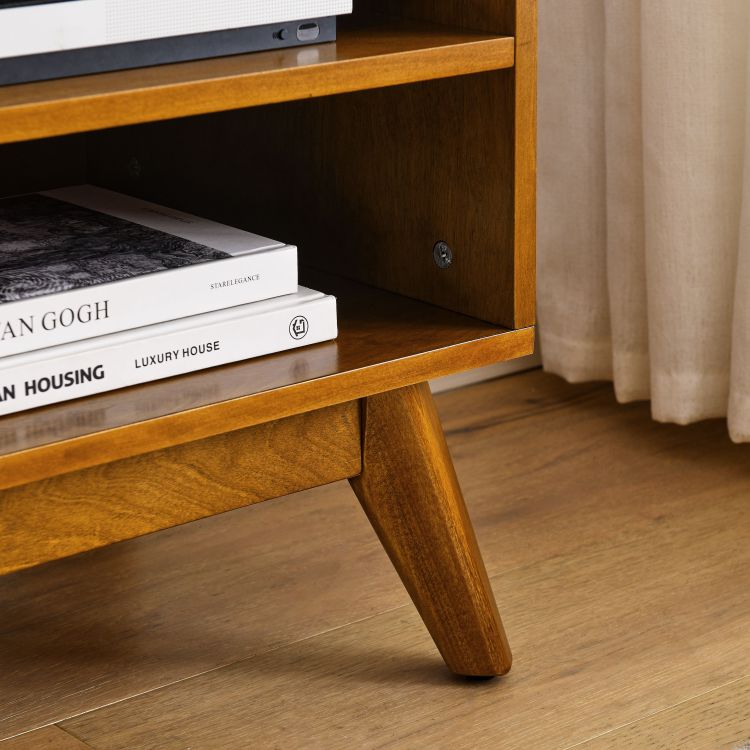 59 Inch Mid Century Modern Rattan Tv Stand For 65 Inch Tv, Entertainment Cabinet, Media Console For Living Room Media Room, Solid Wood Feet & Rattan Cabinet Doors Light Wood