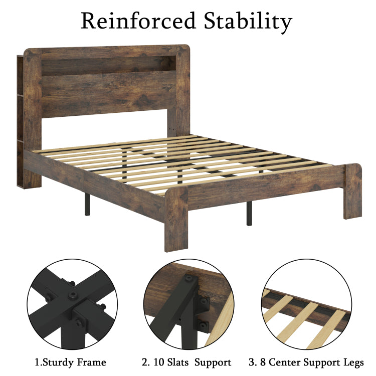Bed Frame Full Size, Wood Platform Bed Frame With Storage Led Light Headboard And 2 Usb , Noise Free,No Box Spring Needed And Easy Assembly Tool,Large Under Bed Storage,Dark Brown
