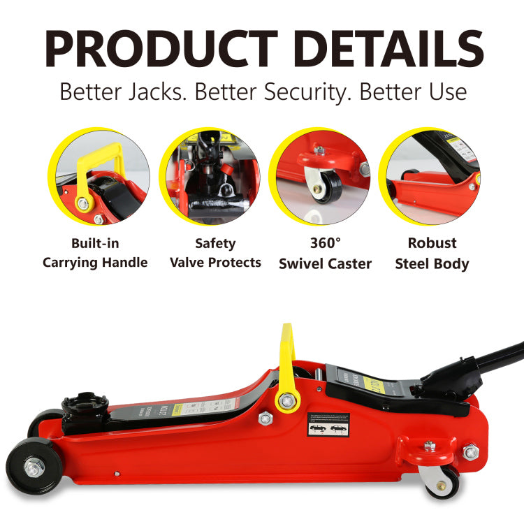 2 Ton Low Profile Floor Jack, 3T Jack Stand Tire Repair Kit L Wrench Heavy Duty Steel Racing Floor Jack With Single Piston Quick Lift Pump, Floor Jack Lifting Range 3.3" 15.2"