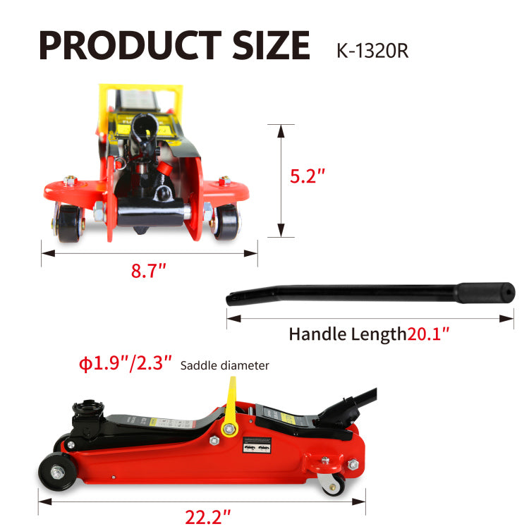 2 Ton Low Profile Floor Jack, 3T Jack Stand Tire Repair Kit L Wrench Heavy Duty Steel Racing Floor Jack With Single Piston Quick Lift Pump, Floor Jack Lifting Range 3.3" 15.2"