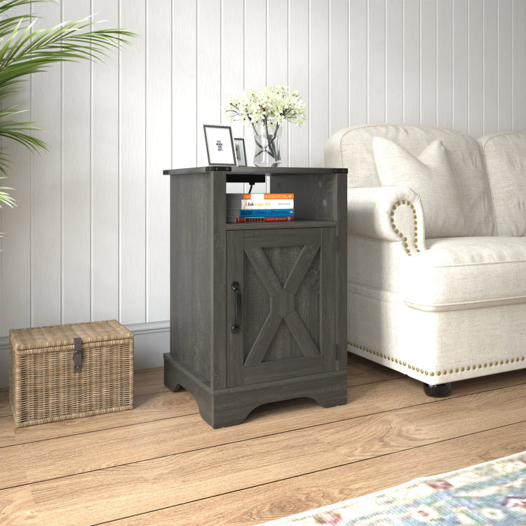 Farmhouse Nightstand Side Table, Wooden Rustic End Table, Tall Bedside Table With Electrical Outlets Charging Station Dark Gray