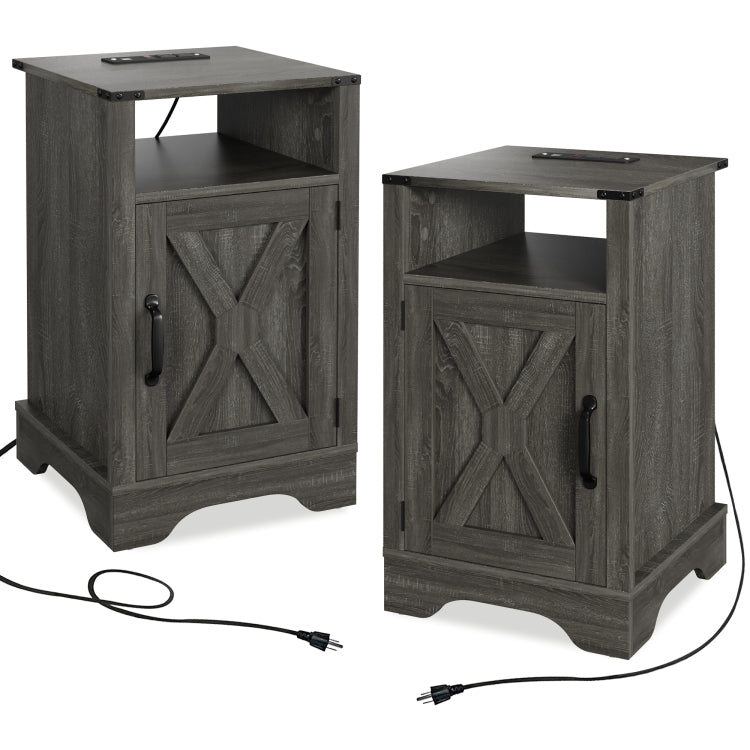Farmhouse Nightstand Side Table, Wooden Rustic End Table, Tall Bedside Table With Electrical Outlets Charging Station 2 Sets Dark Gray