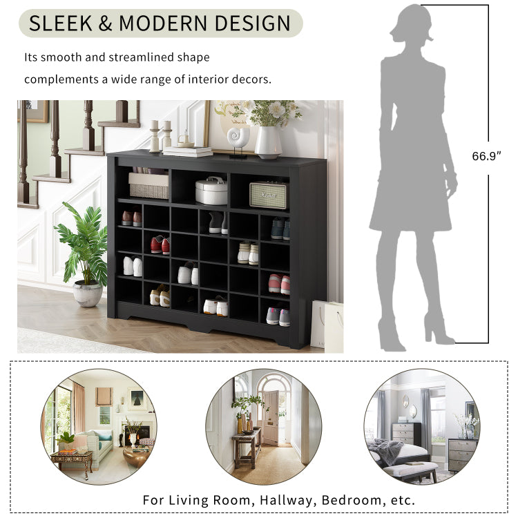 Sleek Design 24 Shoe Cubby Console, Modern Shoe Cabinet With Curved Base, Versatile Sideboard With High Quality For Hallway, Bedroom, Living Room, Black