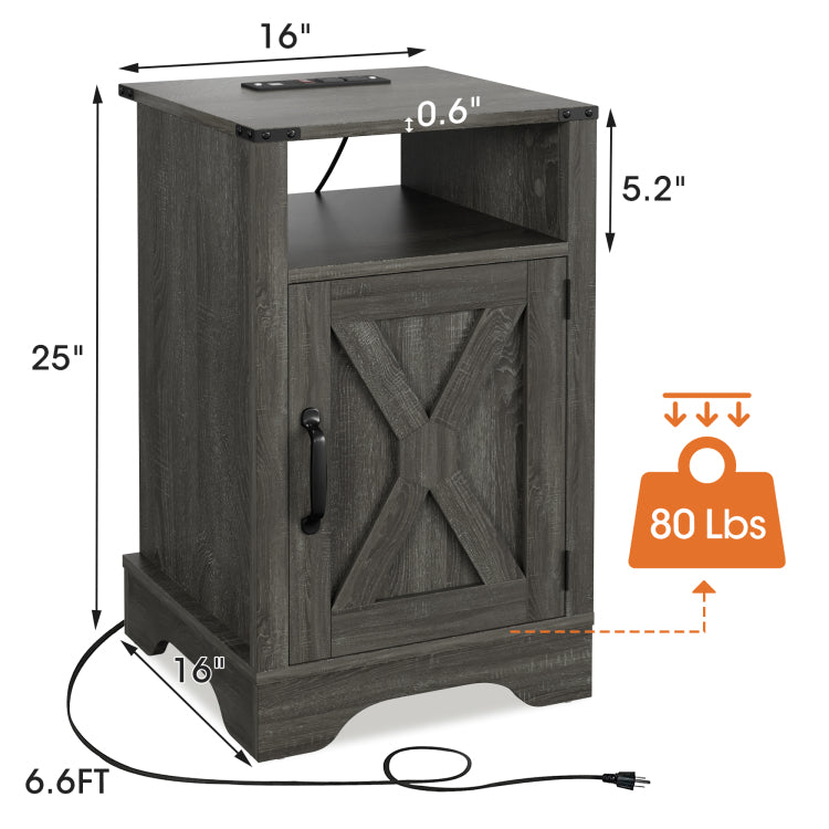 Farmhouse Nightstand Side Table, Wooden Rustic End Table, Tall Bedside Table With Electrical Outlets Charging Station Dark Gray