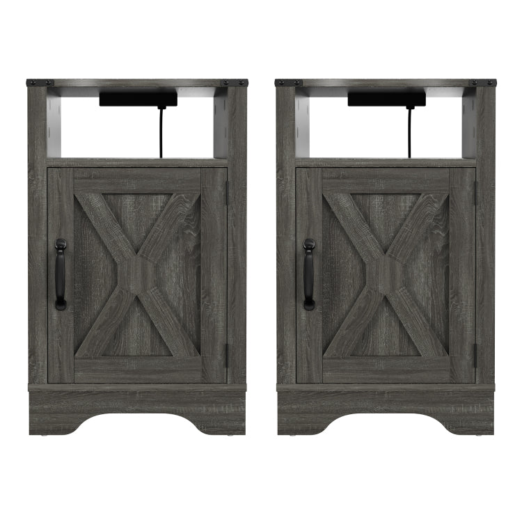 Farmhouse Nightstand Side Table, Wooden Rustic End Table, Tall Bedside Table With Electrical Outlets Charging Station 2 Sets Dark Gray