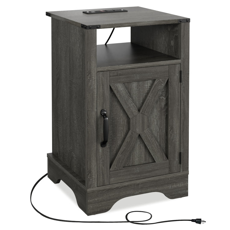 Farmhouse Nightstand Side Table, Wooden Rustic End Table, Tall Bedside Table With Electrical Outlets Charging Station Dark Gray