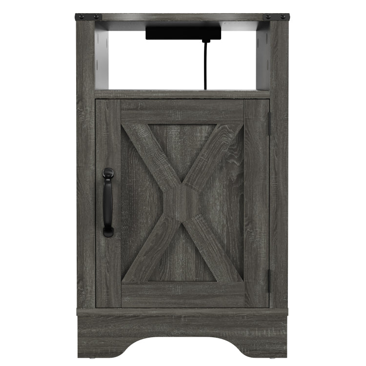 Farmhouse Nightstand Side Table, Wooden Rustic End Table, Tall Bedside Table With Electrical Outlets Charging Station Dark Gray