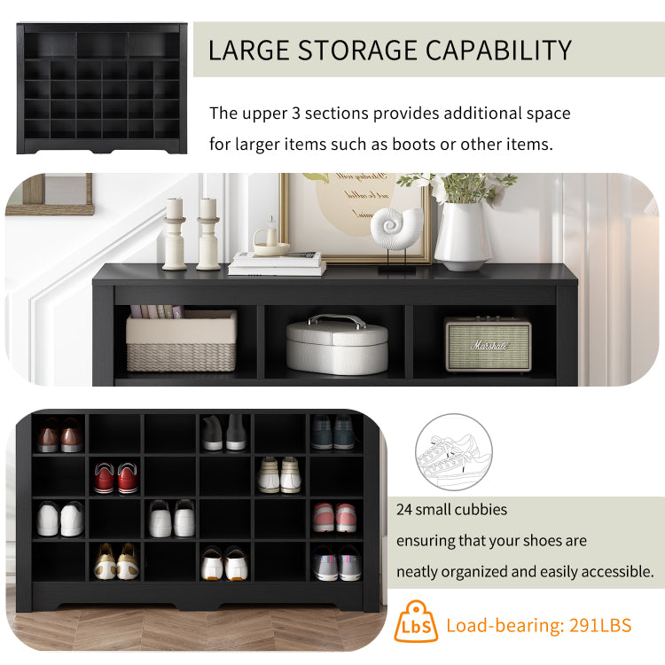 Sleek Design 24 Shoe Cubby Console, Modern Shoe Cabinet With Curved Base, Versatile Sideboard With High Quality For Hallway, Bedroom, Living Room, Black
