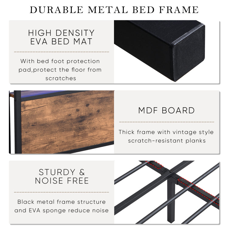 Full Size Bed Frame With Storage Headboard And 2 Drawers, Led Lights Bed With Charging Station, Metal Platform Bed No Noise, Mattress Foundation Strong Metal Slats Support No Box Spring Needed