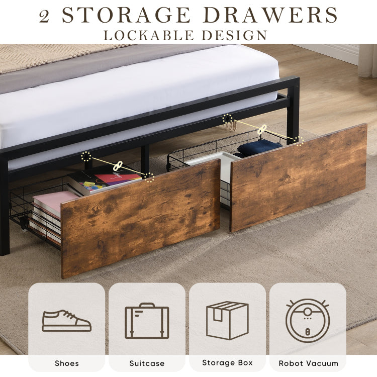 Full Size Bed Frame With Storage Headboard And 2 Drawers, Led Lights Bed With Charging Station, Metal Platform Bed No Noise, Mattress Foundation Strong Metal Slats Support No Box Spring Needed