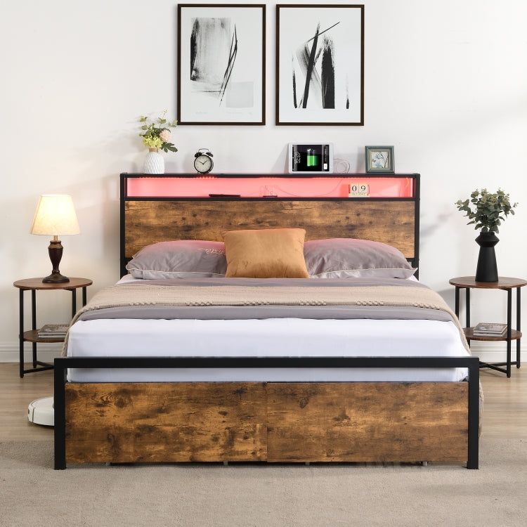 Full Size Bed Frame With Storage Headboard And 2 Drawers, Led Lights Bed With Charging Station, Metal Platform Bed No Noise, Mattress Foundation Strong Metal Slats Support No Box Spring Needed