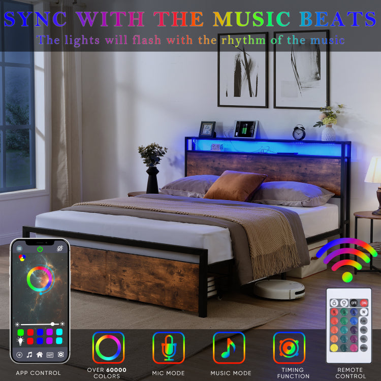 Full Size Bed Frame With Storage Headboard And 2 Drawers, Led Lights Bed With Charging Station, Metal Platform Bed No Noise, Mattress Foundation Strong Metal Slats Support No Box Spring Needed