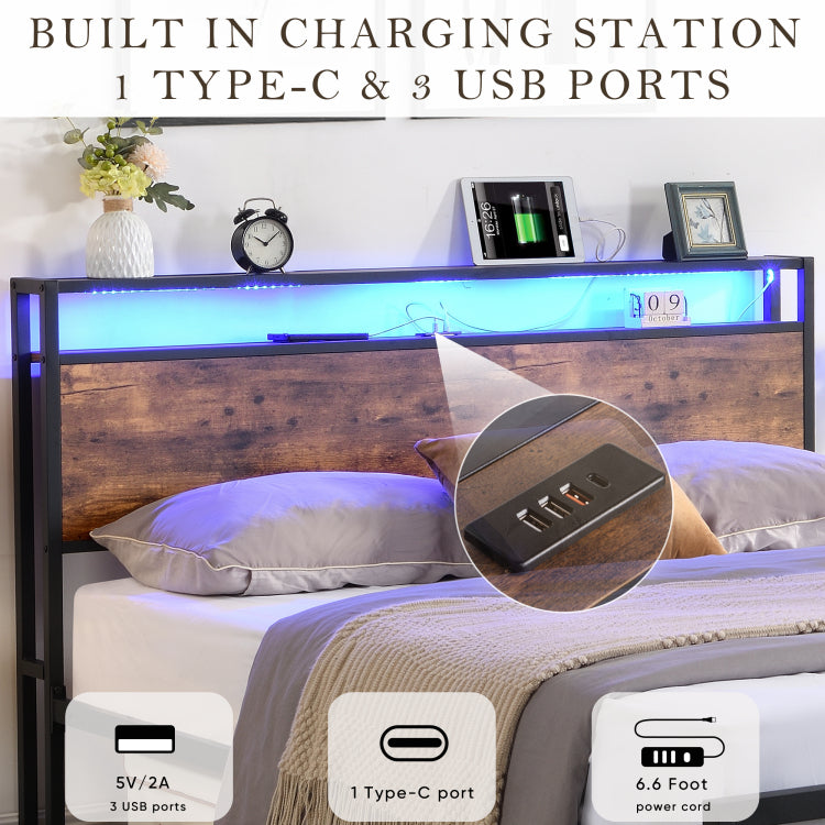 Full Size Bed Frame With Storage Headboard And 2 Drawers, Led Lights Bed With Charging Station, Metal Platform Bed No Noise, Mattress Foundation Strong Metal Slats Support No Box Spring Needed