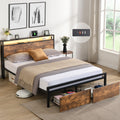 Full Size Bed Frame With Storage Headboard And 2 Drawers, Led Lights Bed With Charging Station, Metal Platform Bed No Noise, Mattress Foundation Strong Metal Slats Support No Box Spring Needed