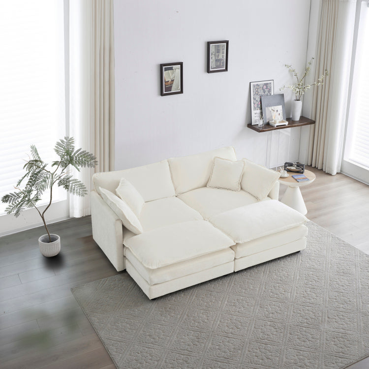 4 Piece Upholstered Sectional Sofa, 1 Piece Of 2 Seater Sofa And 2 Piece Of Ottomans , 2 Seater Loveseat Lounge With Ottomans , White Chenille