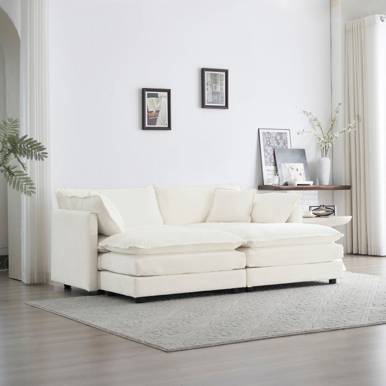 4 Piece Upholstered Sectional Sofa, 1 Piece Of 2 Seater Sofa And 2 Piece Of Ottomans , 2 Seater Loveseat Lounge With Ottomans , White Chenille