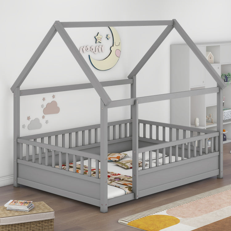 Full Size Floor Wooden Bed With House Roof Frame, Fence Guardrails,Grey