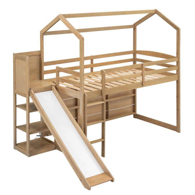 Twin Size Wood House Loft Bed With Slide, Storage Shelves And Light, Climbing Ramp, Wood Color