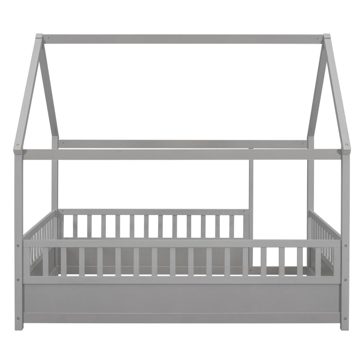 Full Size Floor Wooden Bed With House Roof Frame, Fence Guardrails,Grey