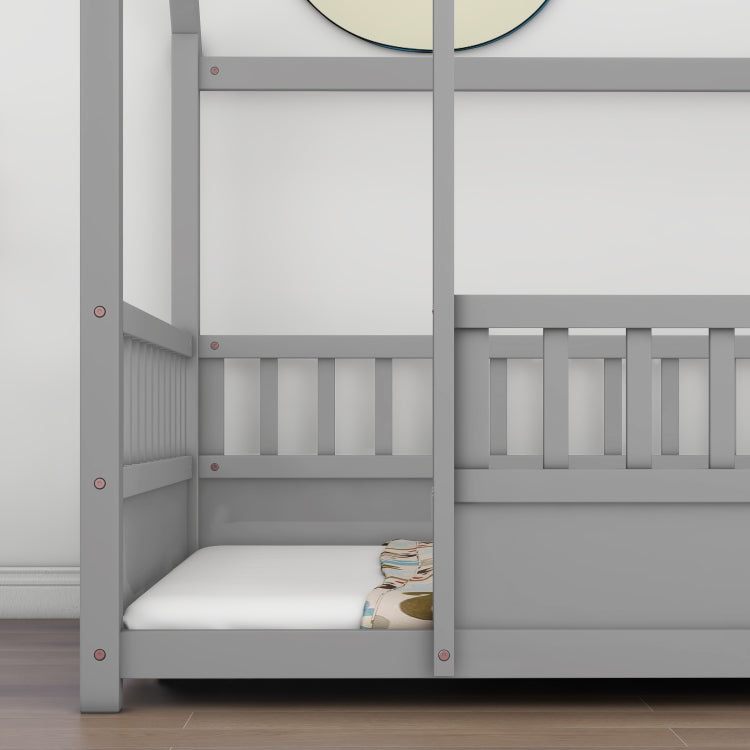 Full Size Floor Wooden Bed With House Roof Frame, Fence Guardrails,Grey