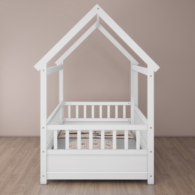 Twin Size Floor Wooden Bed With House Roof Frame, Fence Guardrails,White