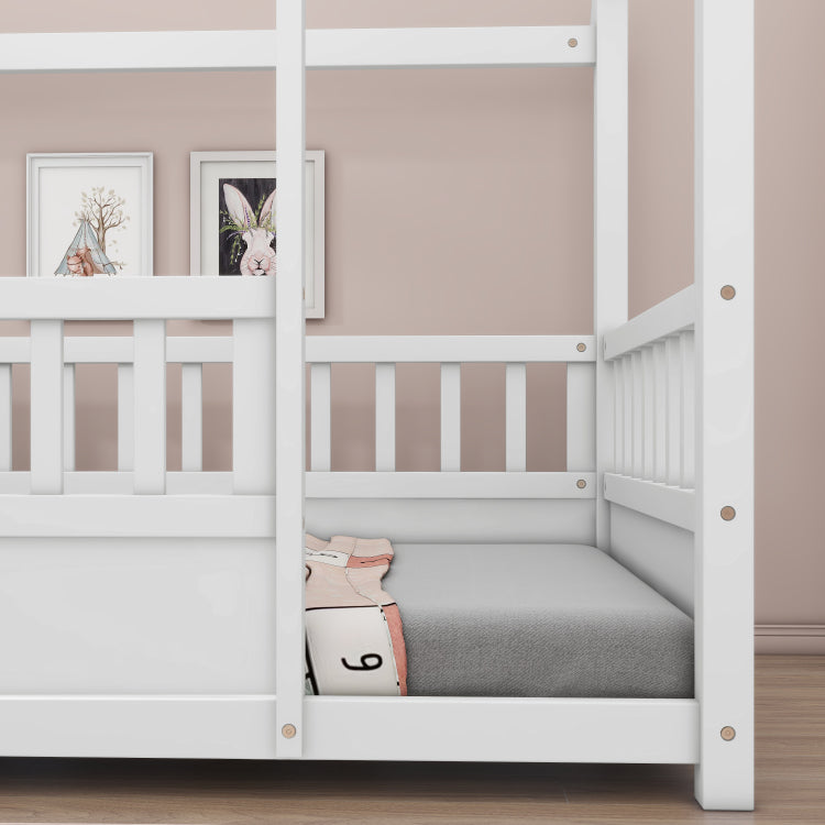 Twin Size Floor Wooden Bed With House Roof Frame, Fence Guardrails,White