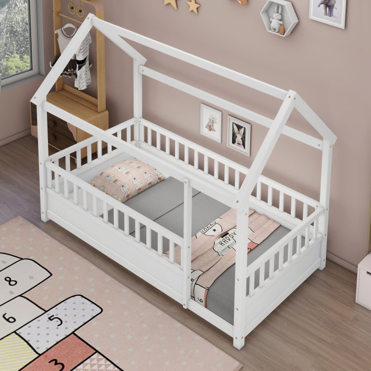 Twin Size Floor Wooden Bed With House Roof Frame, Fence Guardrails,White