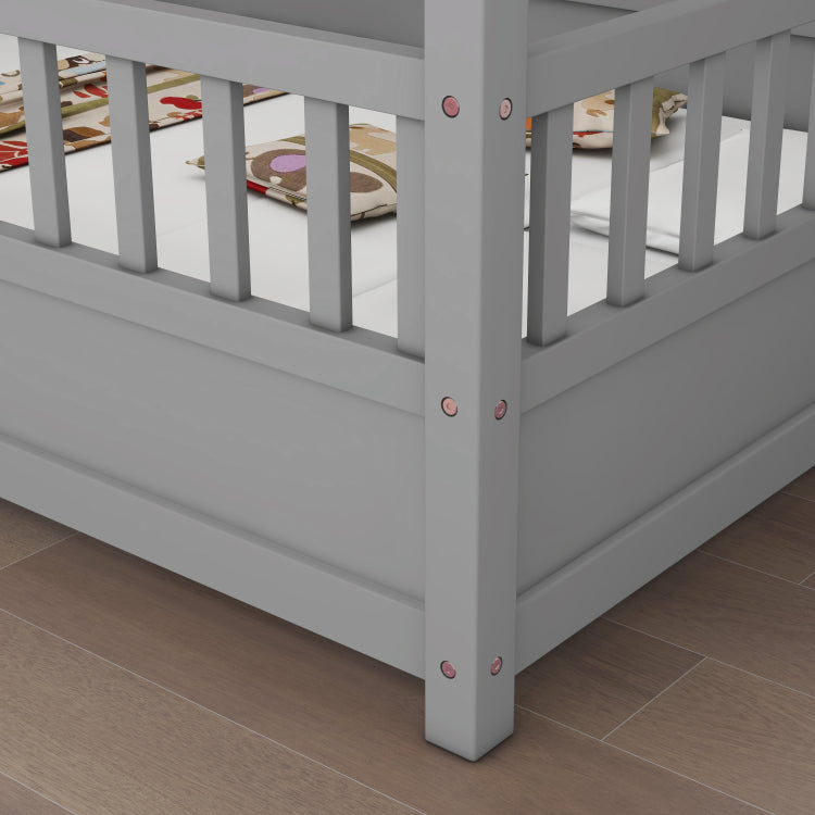 Full Size Floor Wooden Bed With House Roof Frame, Fence Guardrails,Grey