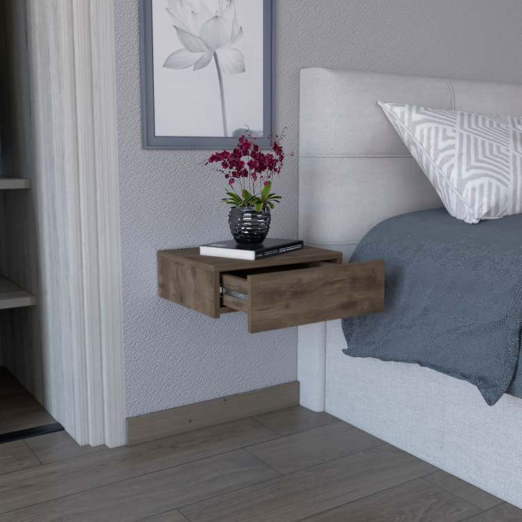 Milano Floating Nightstand , End Table, Side Table Wall Mounted With Drawer Dark Brown Bedroom