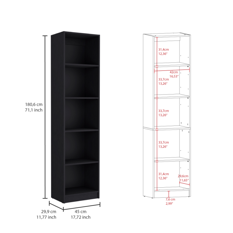 Home Xs Bookcase With 5 Tier Shelves And Slim Design Black Office