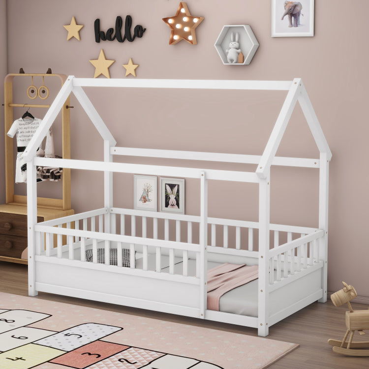 Twin Size Floor Wooden Bed With House Roof Frame, Fence Guardrails,White