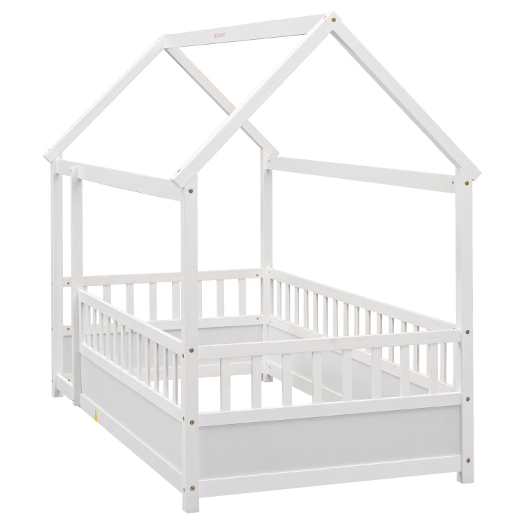 Twin Size Floor Wooden Bed With House Roof Frame, Fence Guardrails,White