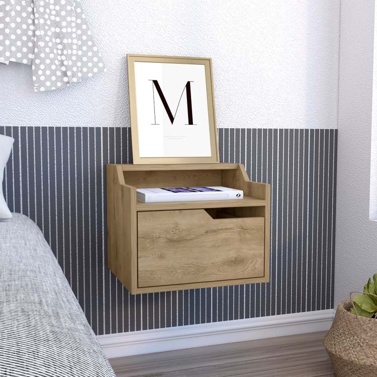 Busan Modern Floating Nightstand , End Table, Side Table Single Drawer Design With Sleek Two Tiered Top Shelf Surfaces