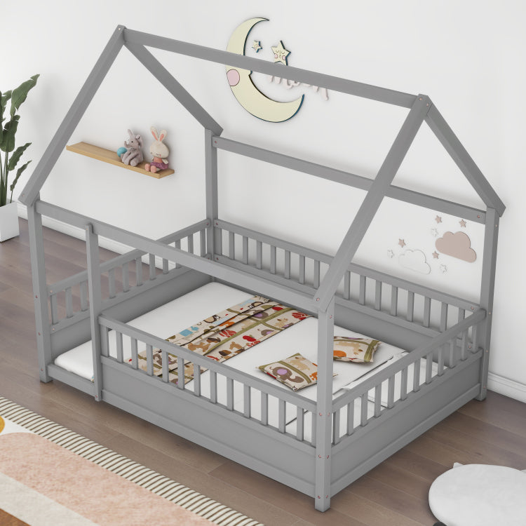 Full Size Floor Wooden Bed With House Roof Frame, Fence Guardrails,Grey