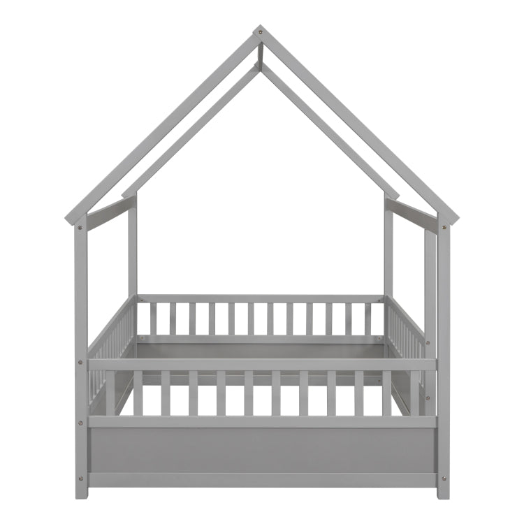 Full Size Floor Wooden Bed With House Roof Frame, Fence Guardrails,Grey