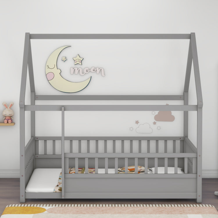 Full Size Floor Wooden Bed With House Roof Frame, Fence Guardrails,Grey