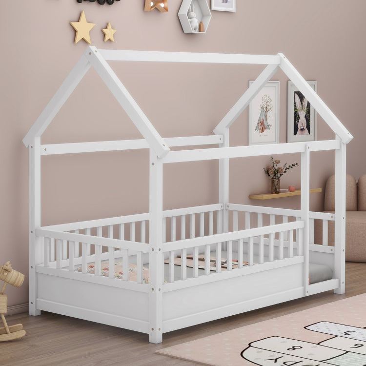 Twin Size Floor Wooden Bed With House Roof Frame, Fence Guardrails,White