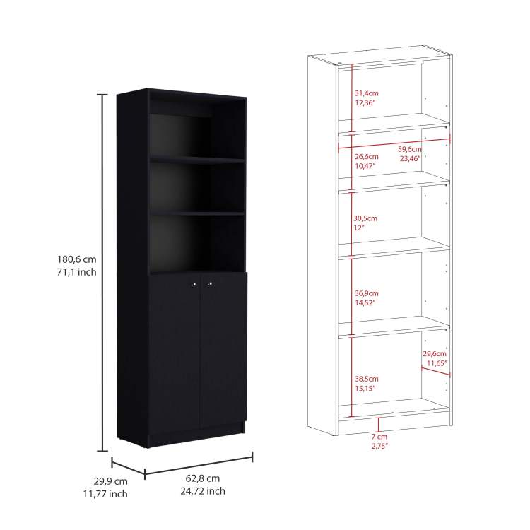Home 2 Door Bookcase, Modern Storage Unit With Dual Doors And Multi Tier Shelves