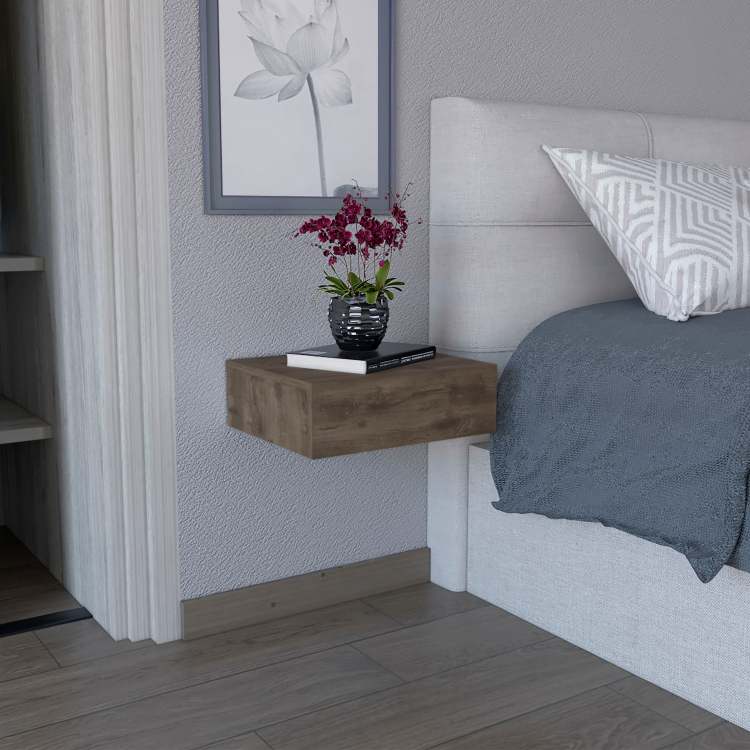 Milano Floating Nightstand , End Table, Side Table Wall Mounted With Drawer Dark Brown Bedroom