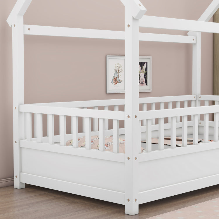 Twin Size Floor Wooden Bed With House Roof Frame, Fence Guardrails,White