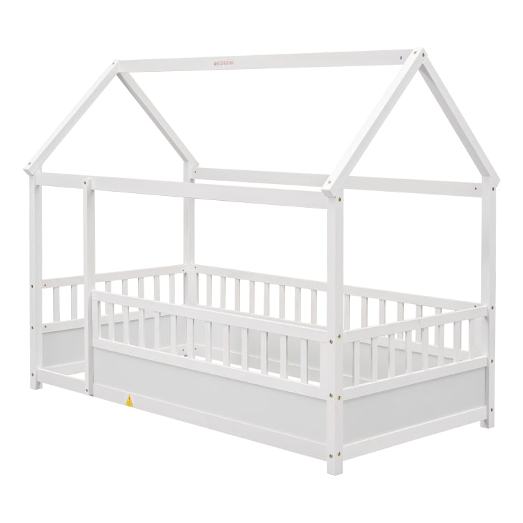 Twin Size Floor Wooden Bed With House Roof Frame, Fence Guardrails,White