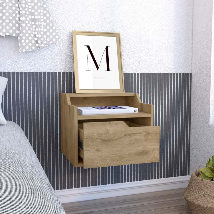 Busan Modern Floating Nightstand , End Table, Side Table Single Drawer Design With Sleek Two Tiered Top Shelf Surfaces